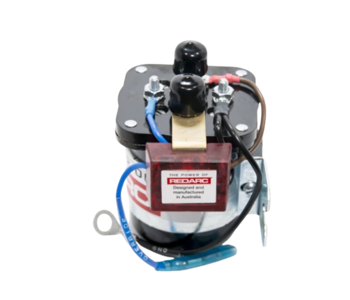 Redarc SBI212 isolator from the front with the mounting bracket fitted, the red control module labelled designed and manufactured in Australia, the blue override lead and the black earth lead with its ring terminal