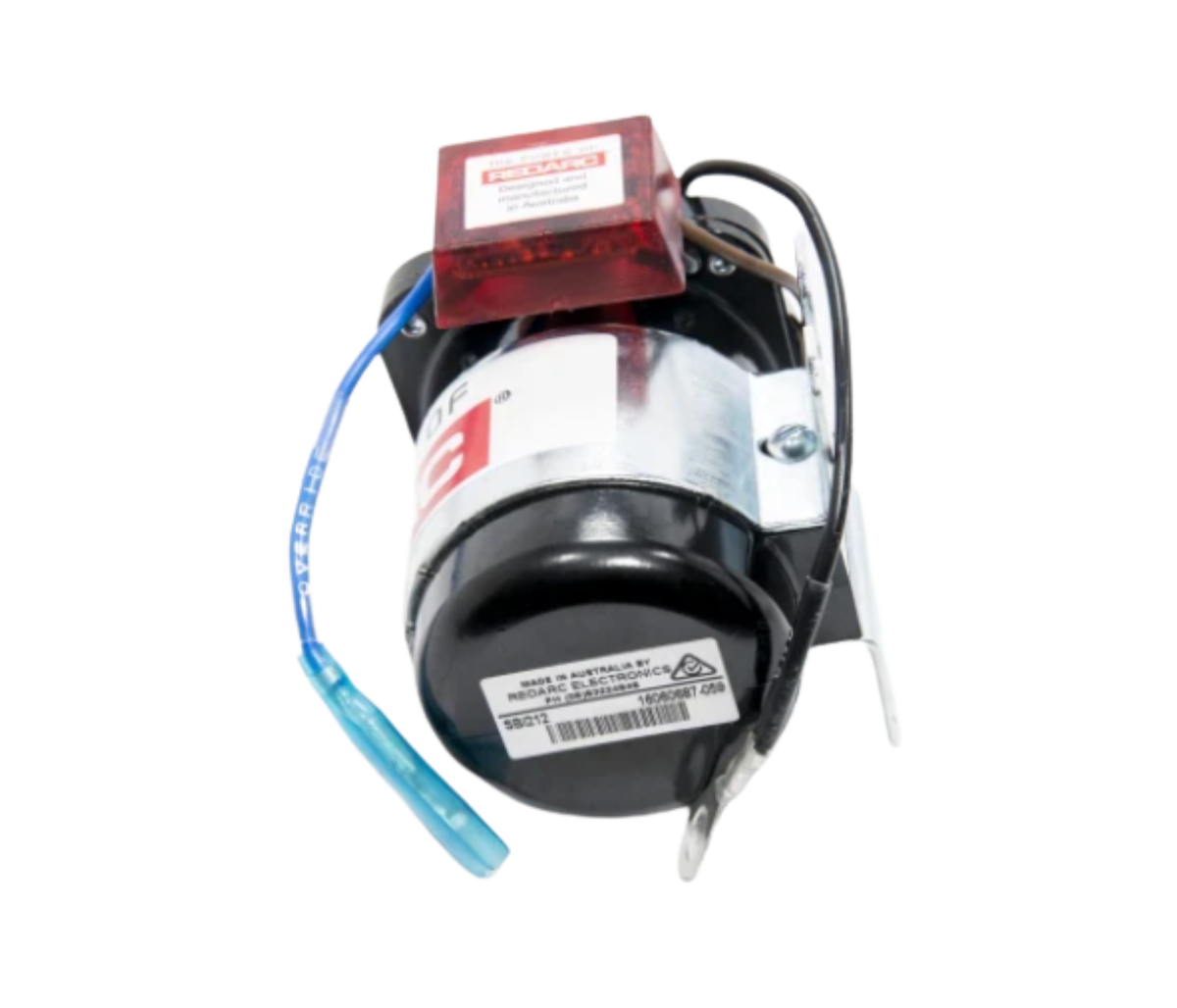 Redarc SBI212 isolator lying on its side, showing the compliance label with the Australian manufacture marking, the SBI212 part number and barcode, and the mounting bracket bolted to the body