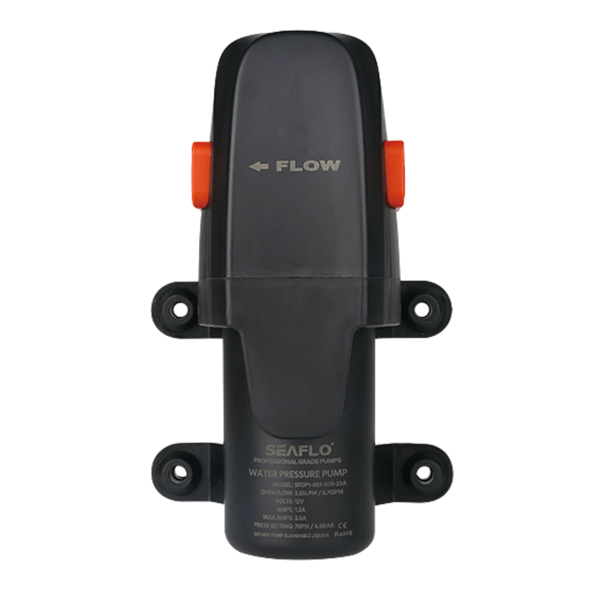 Seaflo water pressure pump seen from above, the flow arrow moulded into the cover, two orange retaining clips, and the rating panel reading model SFDP1-007-070-23A, open flow 2.65 LPM or 0.70 GPM, 12 volts, 1.2 amps with 2.5 amps maximum, pressure setting 70 PSI or 4.8 bar, and a warning not to pump flammable liquids