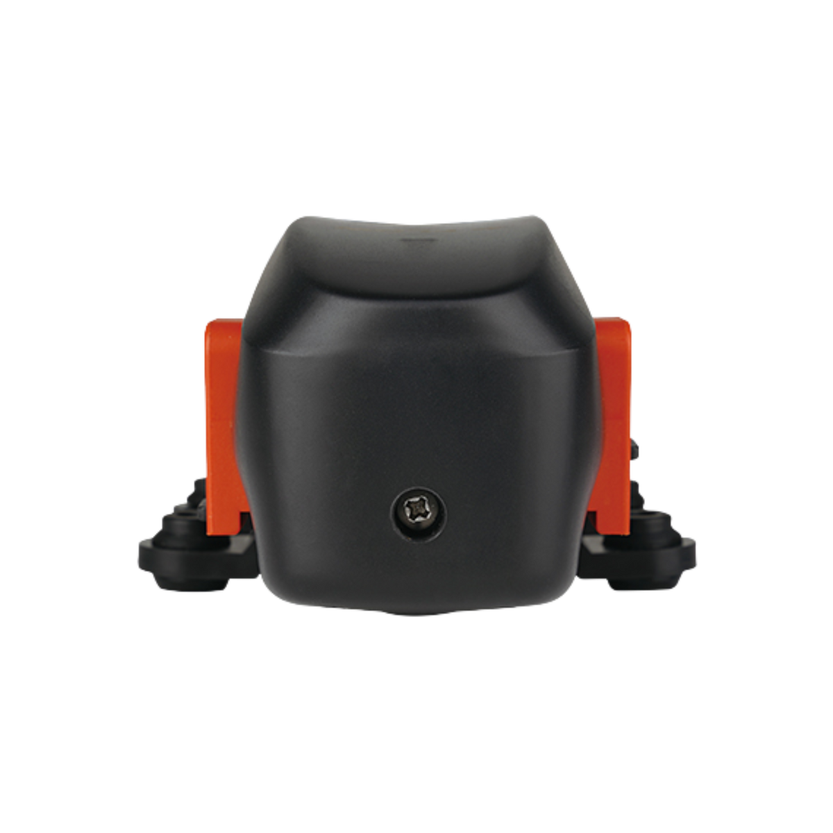 End view of the Seaflo diaphragm pump showing the black moulded pump head with its single fixing screw, the orange pressure switch cover behind it and the rubber-isolated mounting feet