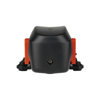 End view of the Seaflo diaphragm pump showing the black moulded pump head with its single fixing screw, the orange pressure switch cover behind it and the rubber-isolated mounting feet