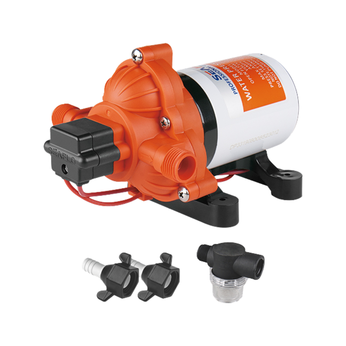 An orange Seaflo water pump with a white label, black electrical connectors, and metal fittings.