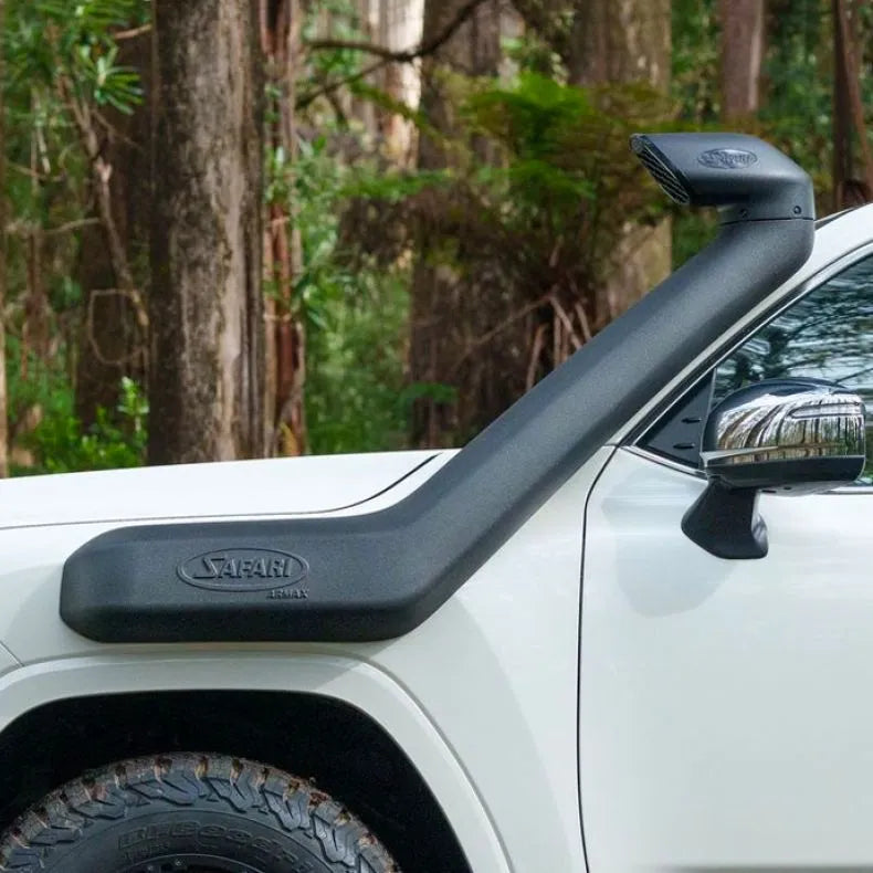 Close-up of a white vehicle with a black SAFARI ARMAX SNORKEL