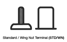 Line drawing of a threaded battery post beside a wing nut, labelled Standard / Wing Nut Terminal (STD/WN)
