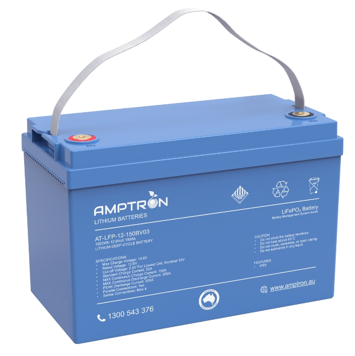 Amptron lithium battery with its carry strap raised, the label reading AT-LFP-12-150BV03, 1920Wh, 12.8 volt 150Ah, with max continuous discharge 200A and peak discharge 300A listed in the specification block