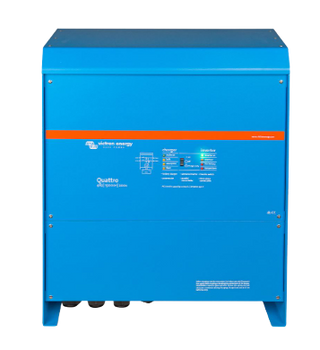 Front view of a large-case Victron Quattro, the full-width orange band sitting above the charger and inverter status legend