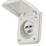 Flush Socket Inlet 15A 240V IP54 White with weather-resistant cover for caravans and RVs.