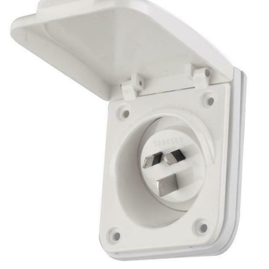 Flush Socket Inlet 15A 240V IP54 White with weather-resistant cover for caravans and RVs.