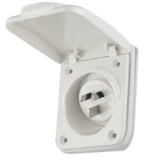 Flush Socket Inlet 15A 240V IP54 White with weather-resistant cover for caravans and RVs.