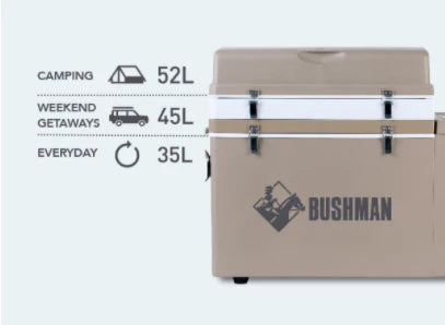 Bushman fridge with the lid closed, captioned with the capacity it can be set to: 52 litres for camping, 45 litres for weekend getaways and 35 litres for everyday use