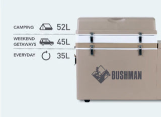 Bushman fridge with the lid closed, captioned with the capacity it can be set to: 52 litres for camping, 45 litres for weekend getaways and 35 litres for everyday use