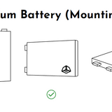 Diagram showing correct and incorrect mounting orientations for Custom lithium ultra slim batteries.