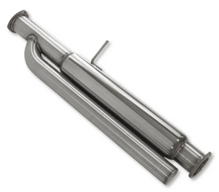 Stainless rear muffler section with twin outlet pipes running back from a single inlet flange, polished finish with a welded hanger rod