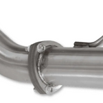 Close-up of a metal exhaust pipe with a clamp on a white background