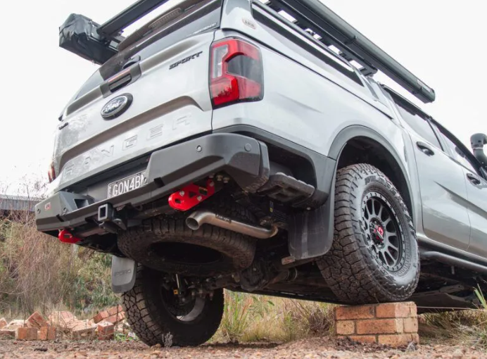 White Ford Ranger pickup truck with Torqit DPF Back 3″ Performance Exhaust for Next-Gen 3.0L V6 Ford Ranger 2022+ on a natural background