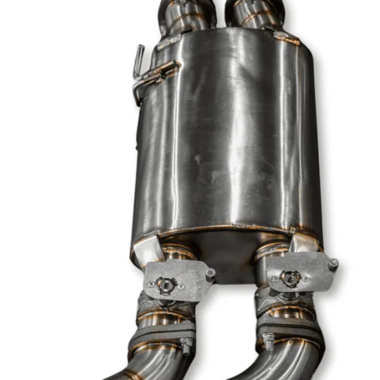 Metallic exhaust system on a white background