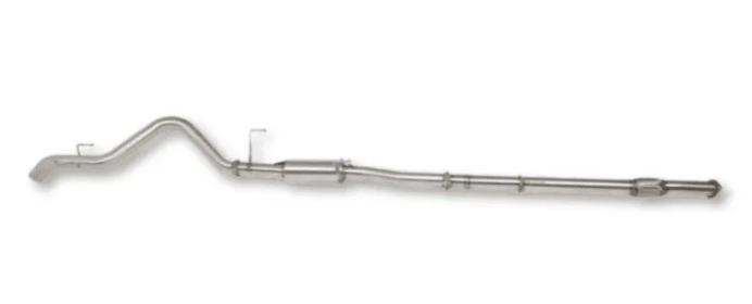 The complete stainless exhaust system photographed side on against white, from the front flange through the resonator to the tailpipe, showing the overall run and hanger positions