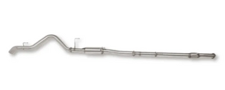 The complete stainless exhaust system photographed side on against white, from the front flange through the resonator to the tailpipe, showing the overall run and hanger positions