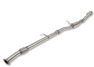 Full length of a stainless DPF-back exhaust laid out at an angle, showing the flexible braided joint near the front, the centre resonator and the rear muffler