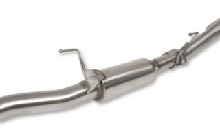 Close-up of the centre resonator on a stainless exhaust, showing the welded band clamp, the hanger rods and the polished pipe running away in both directions