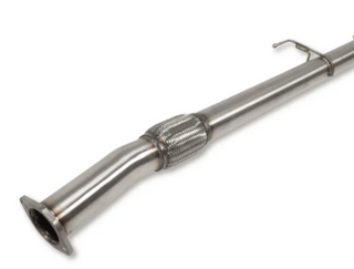Close-up of the braided flexible joint in a stainless exhaust, sitting between the flanged front pipe and the main run, with a hanger rod welded above