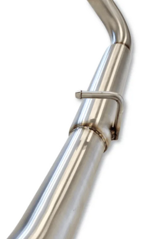 Close-up of a metallic exhaust pipe with a clamp on a white background