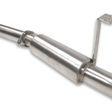 Metal exhaust pipe with mounting bracket on a white background