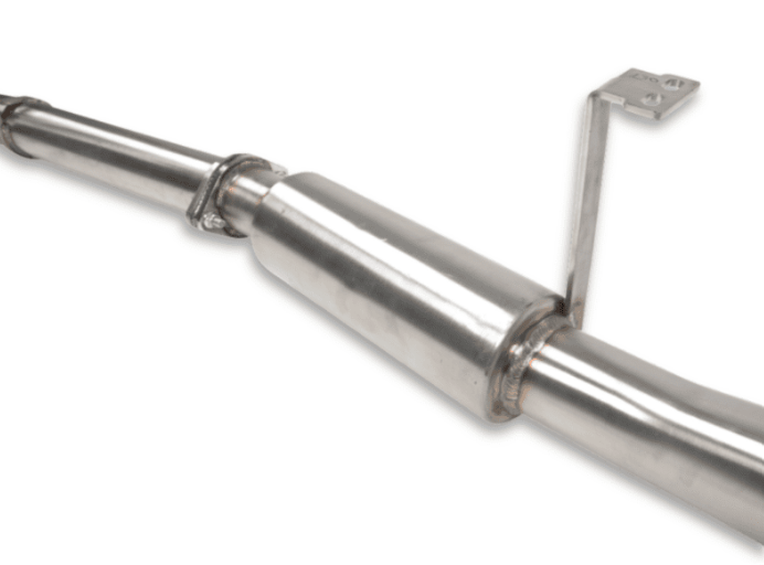 Metal exhaust pipe with mounting bracket on a white background