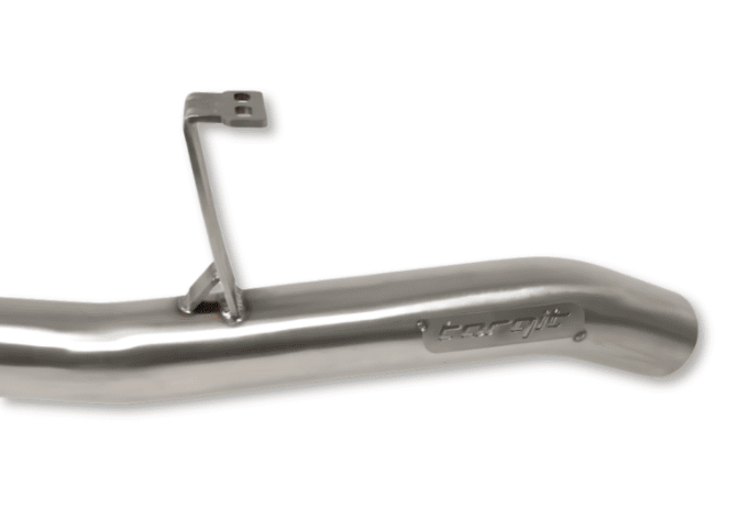 Metal exhaust pipe with a brand logo on a white background