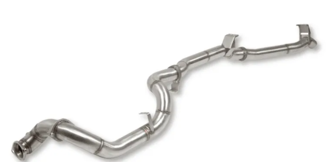 Metallic exhaust pipe system on a white background