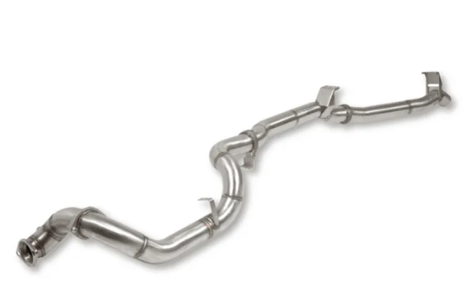 Metallic exhaust pipe system on a white background