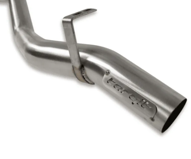 Stainless steel exhaust pipe with 'Tardit' branding on a white background