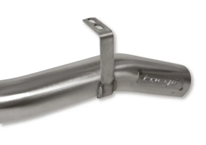 Metal exhaust pipe with 'Roush' branding on a white background