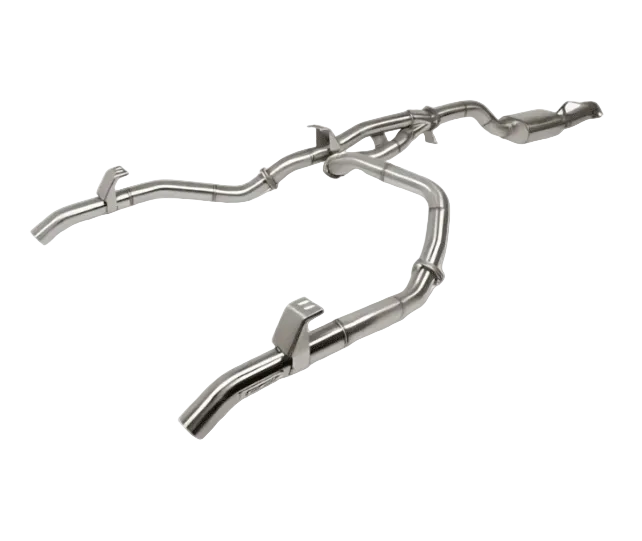 Metallic exhaust pipe system on a white background