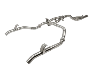 Metallic exhaust pipe system on a white background