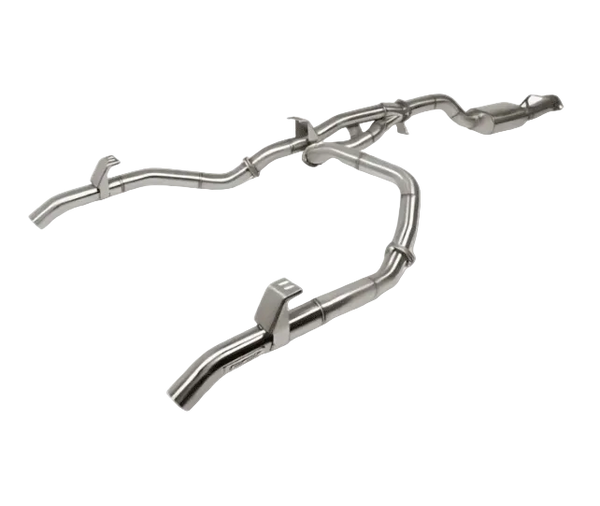 Metallic exhaust pipe system on a white background