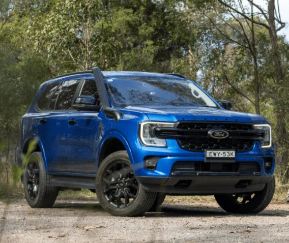 Blue Ford SUV parked on a dirt road with trees in the background