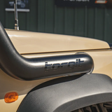 Close-up of a motorcycle exhaust with 'torqit' branding, blurred background
