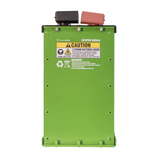 A Custom Lithium slim LiFePO4 battery in a bright green case standing on end, the black and red terminal covers on top and the caution label across the upper face