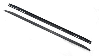 A pair of black powder-coated solar panel mounting rails laid side by side on a white background, each drilled with slotted holes along its length and tapered at the ends