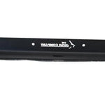 Black metal bar with a brand logo on a white background