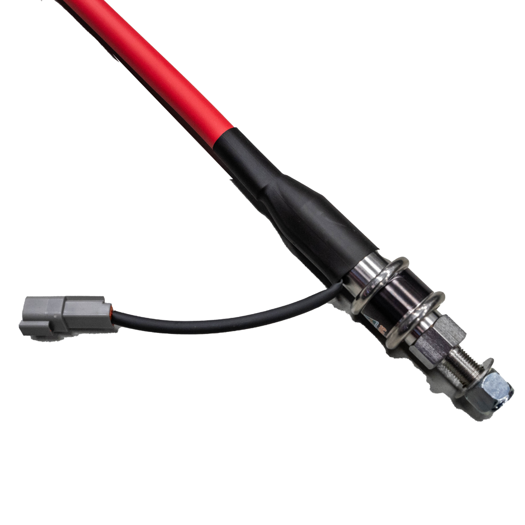Base of the 1.2m whip, showing the quick-release collar, the threaded mounting stud with its lock nut and washers, and the short lead to a grey Deutsch connector