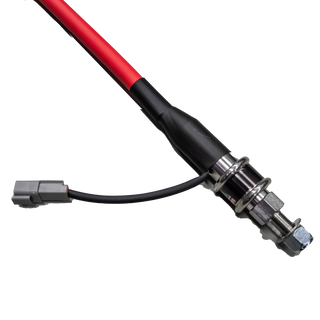 Base of the 1.2m whip, showing the quick-release collar, the threaded mounting stud with its lock nut and washers, and the short lead to a grey Deutsch connector