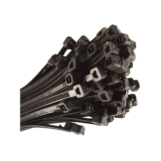 A bundle of black nylon cable ties fanned out, showing the ratchet heads and the moulded size marking along the straps