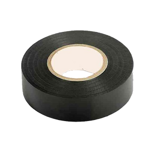 Roll of black PVC electrical tape standing on its side, the wound edge showing against a pale cardboard core