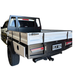 Empty truck bed with a toolbox on a white background