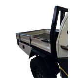 Side view of a truck with an open bed on a white background