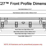 Technical drawing of TX27™ front profile dimensions with measurements on a white background.