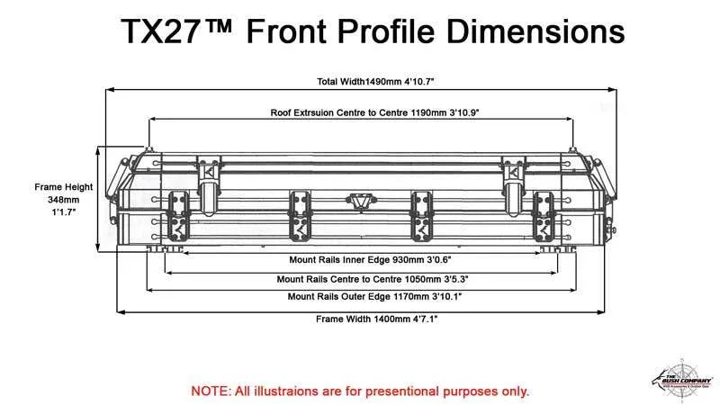 Technical drawing of TX27™ front profile dimensions with measurements on a white background.