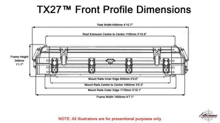 Technical drawing of TX27™ front profile dimensions with measurements on a white background.